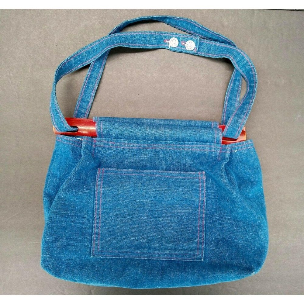 Denim Purse 1970s Blue Jean Handmade Vintage Reversible Wood Handle Red Bandana - Picture 3 of 8
